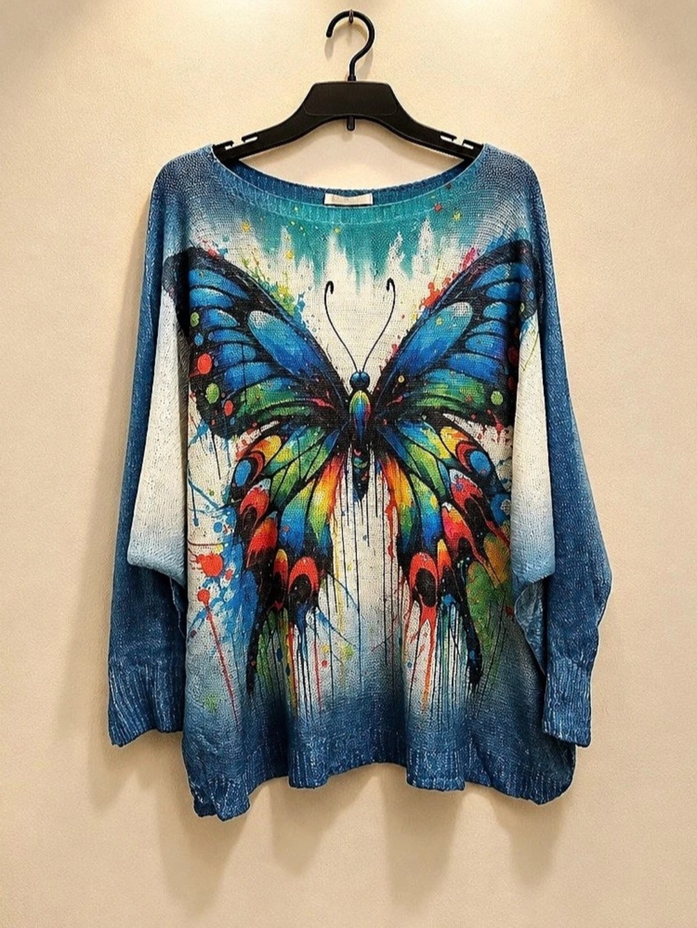 LOOWIE POBUT Blue Butterfly Round Knit Printed Sweater